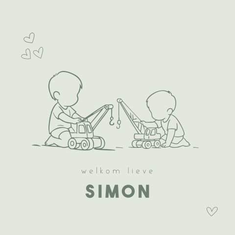 Geboortekaartje voor een broertje met hijskranen en lijntekening