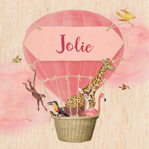 Geboortekaartje op echt hout met roze luchtballon met dieren