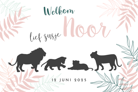 Stoer jungle geboortekaartje voor meisje met leeuwen en roze bladeren