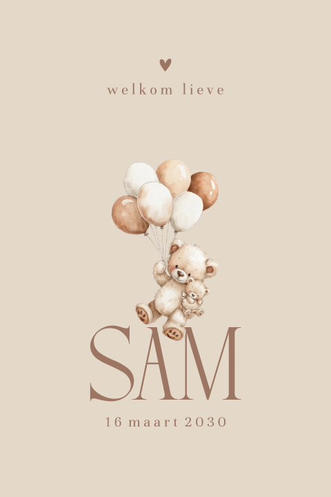 Beige geboortekaartje met beertje en ballonnen