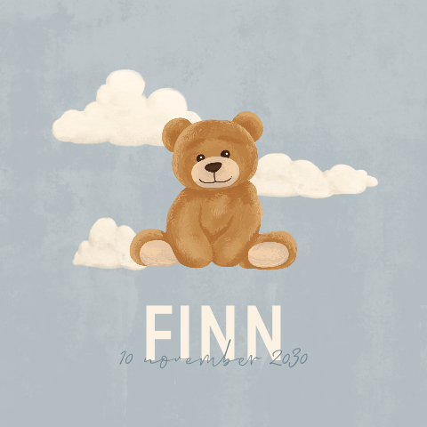 Lief geboortekaartje blauw met teddybeer en wolken