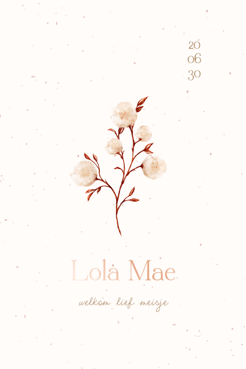 Roséfoliegoud geboortekaartje met takjes en bloemetjes