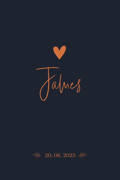 Stijlvol geboortekaartje met hartje en koperen details voor een jongen