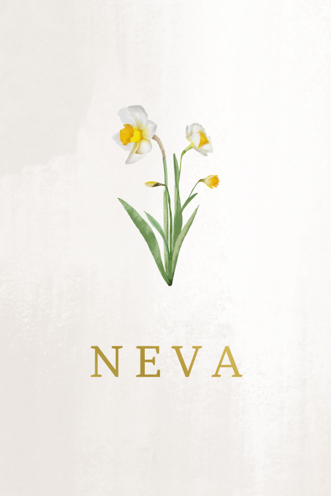 Stijlvol goudfolie geboortekaartje met geboortebloem narcis