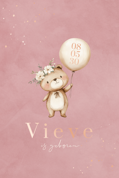 Schattig geboortekaartje met teddy beertje en ballon op roze velvet