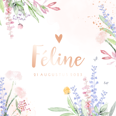 Lief watercolour geboortekaartje met bloemen en roségoudfolie