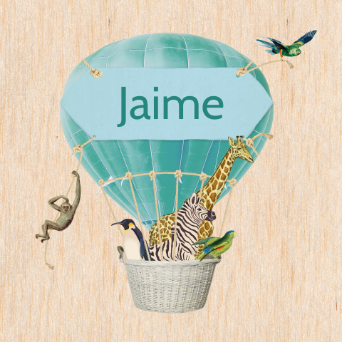 Echt houten geboortekaart voor zoontje met luchtballon en dieren
