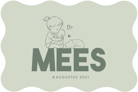 Origineel babykaartje in groen met golfrand en getekende grote zus en kat