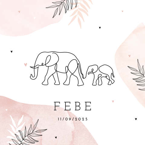 Waterverf geboortekaartje voor meisje met lijntekening olifantjes