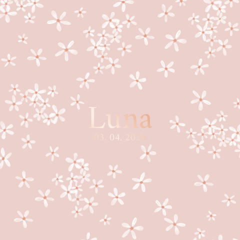 Lief roségoudfolie geboortekaartje met kleine madeliefjes