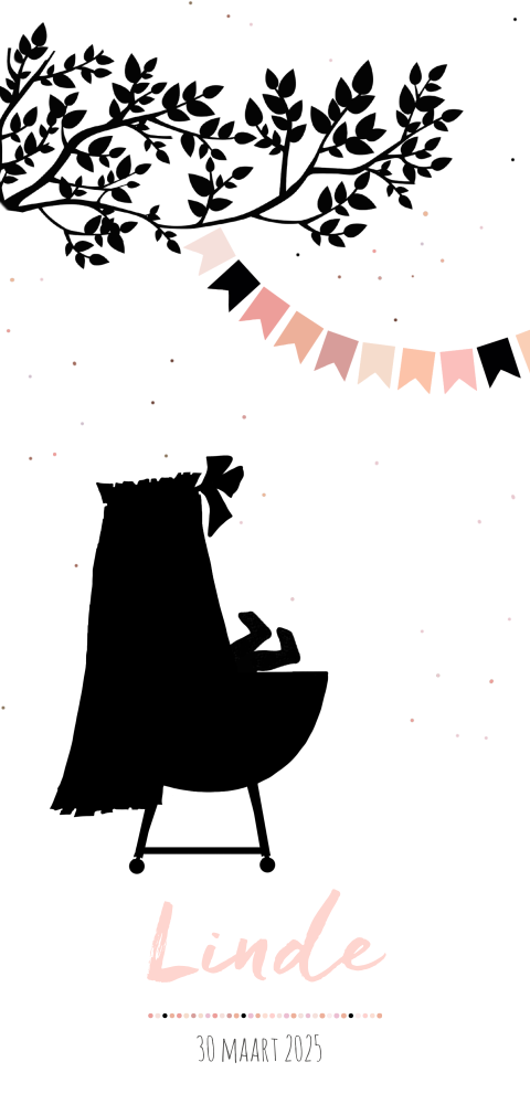 Hip silhouet geboortekaartje meisje van baby in wieg met vlaggetjes