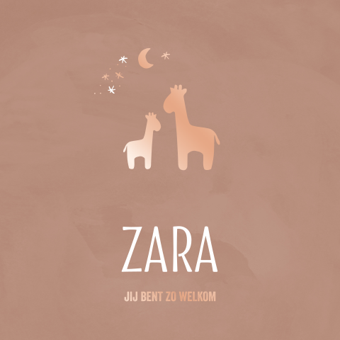 Geboortekaartje met roségoudfolie voor meisje met giraffes