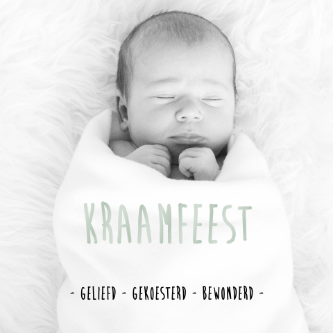 Fotokaartje met hippe typografie voor de babyborrel