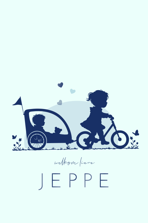 Lief geboortekaartje met silhouet van zus op fiets en broertje
