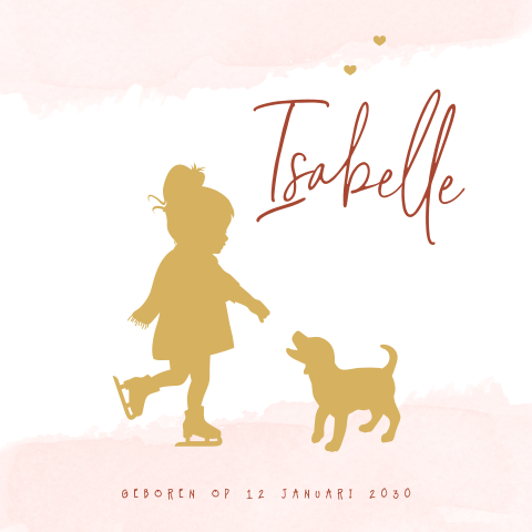 Hip winter geboortekaartje met silhouet van meisje op schaatsen