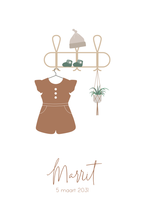 Lief geboortekaartje voor meisje met kapstokje en kleren