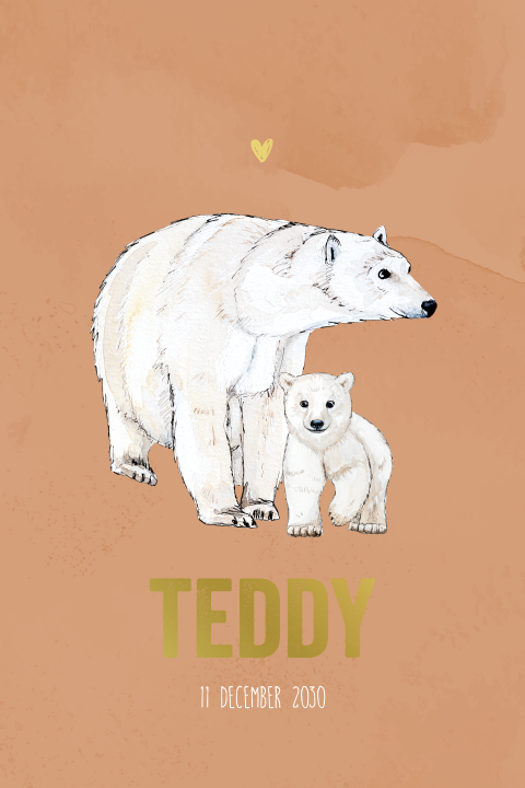 Unisex geboortekaartje met illustratie ijsberen en goudfolie