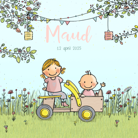 Kleurrijk geboortekaartje meisje met tekening van zusje in houten kar