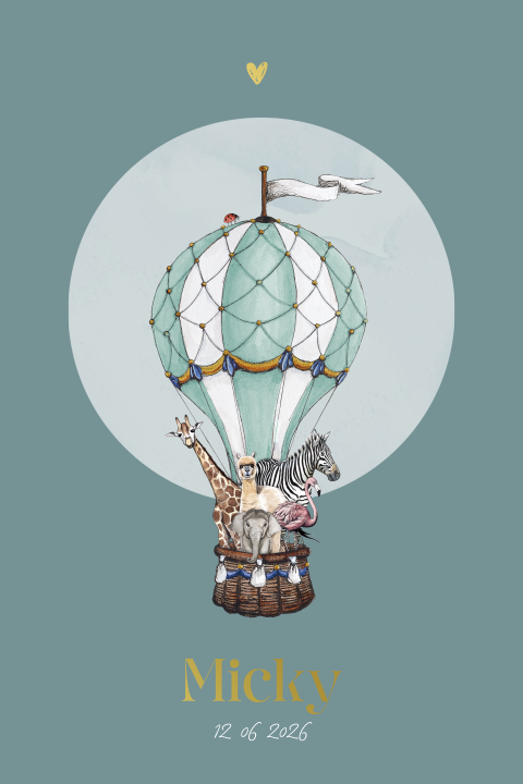 Hip geboortekaartje met goudfolie en luchtballon vol dieren