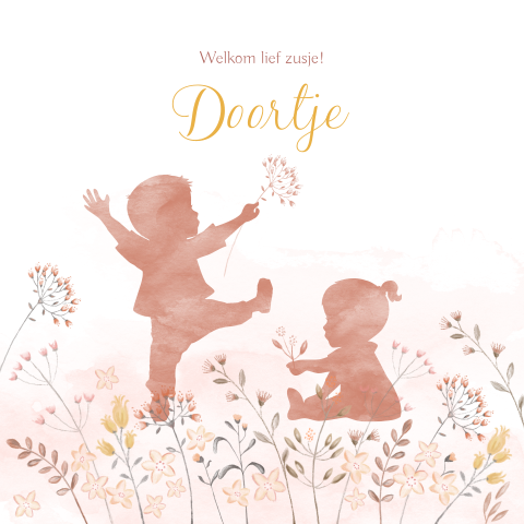 Schattig geboortekaartje met zusje en grote broer in aquarel 