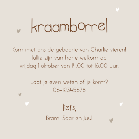 Kraamborrelkaart met hartjes en afgeronde hoeken