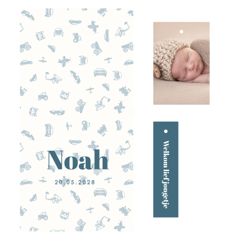 Lief label geboortekaartje jongen met blauw patroon en foto