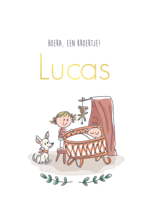 Lief goudfolie geboortekaartje grote zus met wiegje en hondje