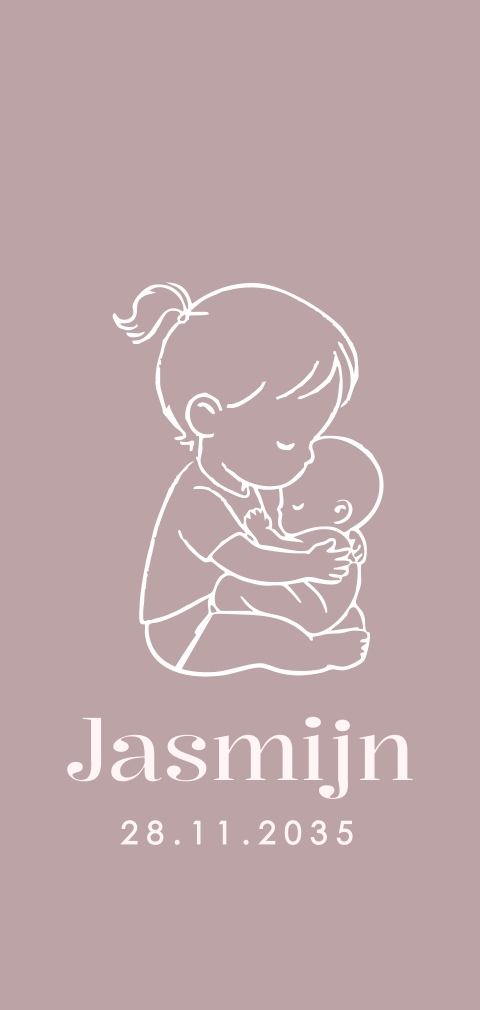 Schattig geboortekaartje met lijntekening van knuffelende zussen