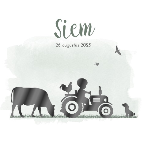 Zwart folie geboortekaartje met silhouet van tractor en koe