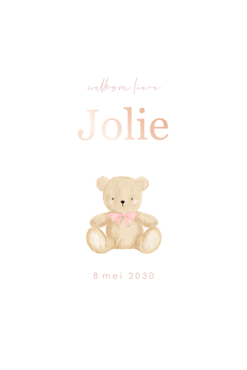 Klassiek geboortekaartje meisje teddybeer met roségoudfolie
