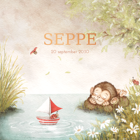 Lief geboortekaartje met dromerig aapje en koperfolie naam