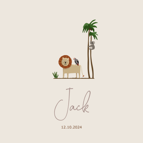 Getekend geboortekaartje met jungledieren voor een jongen