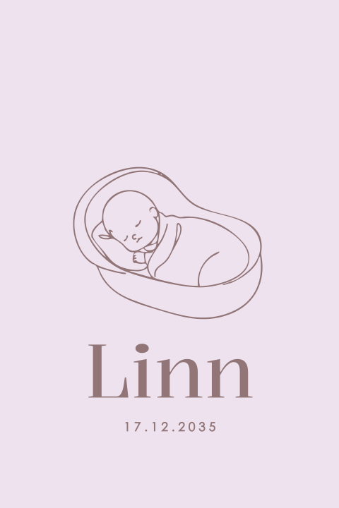 Geboortekaartje meisje met lijntekening van slapend kindje in mandje