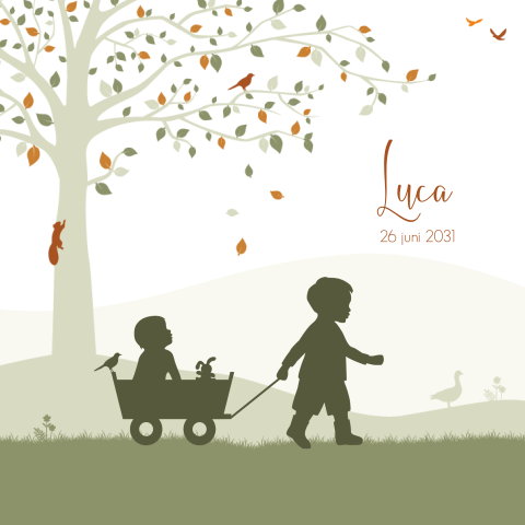 Herfst geboortekaartje voor broertje met boom en silhouetjes