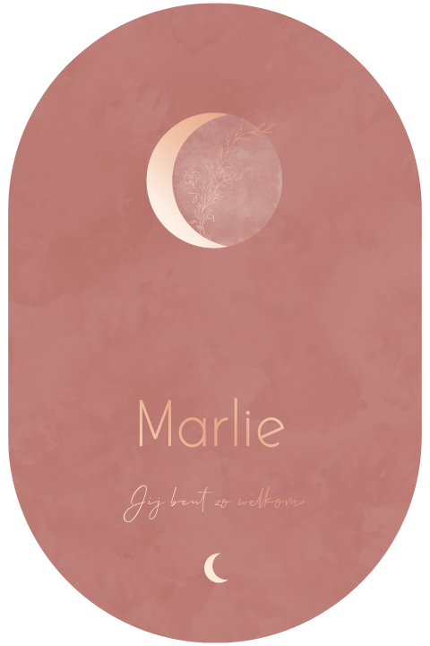 Luxe roségoudfolie geboortekaartje met maan, takje en velvet-look