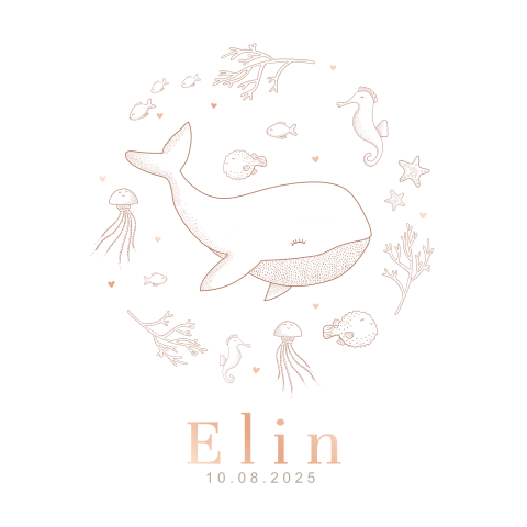 Trendy roségoudfolie geboortekaartje voor meisje illustratie zeedieren