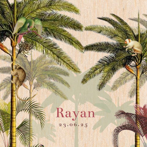 Geboortekaartje op echt hout met apen en papegaai in palmboom