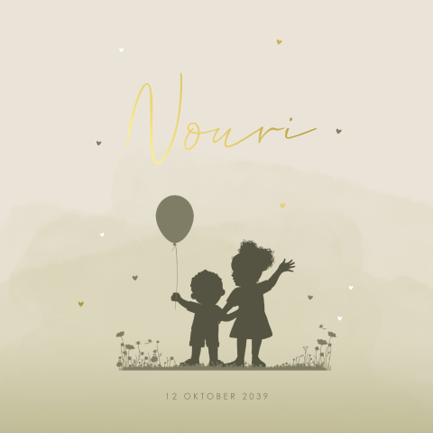 Goudfolie geboortekaartje groen voor jongen met grote zus en ballon