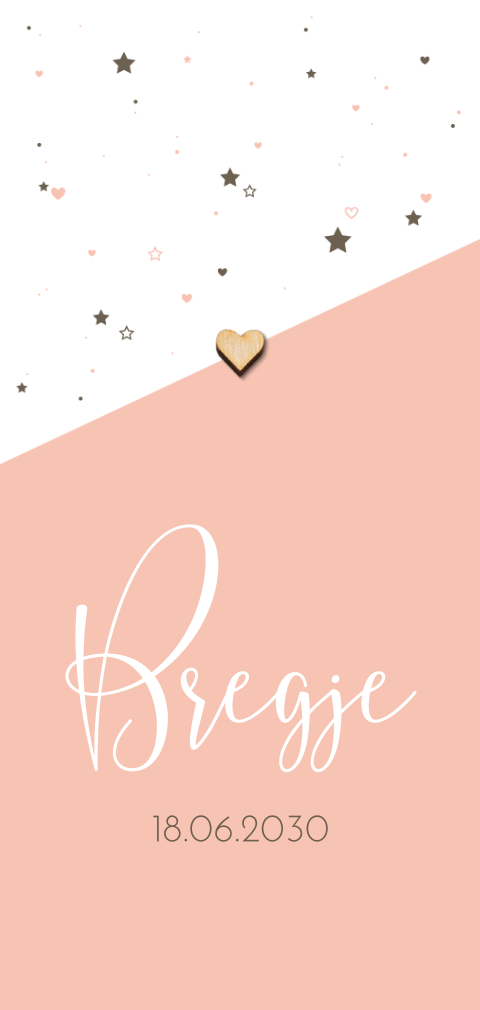 Peach babykaart meisje met bij te bestellen houten hartje