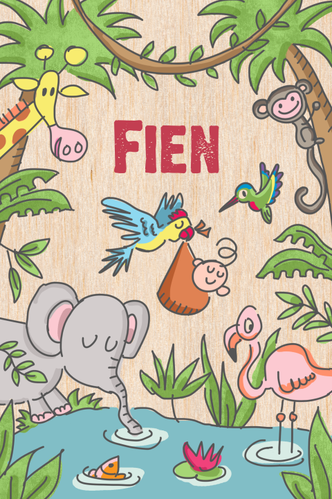 Vrolijk geboortekaartje op echt hout met dieren en babytje in jungle