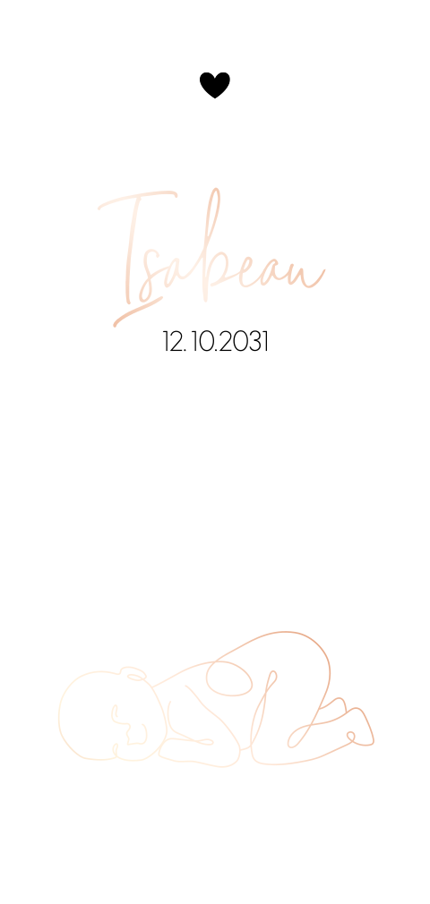 Langwerpig geboortekaartje met roségoudfolie lijntekening van een kindje