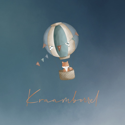 Kraamborrel uitnodiging blauw met vosje en luchtballon