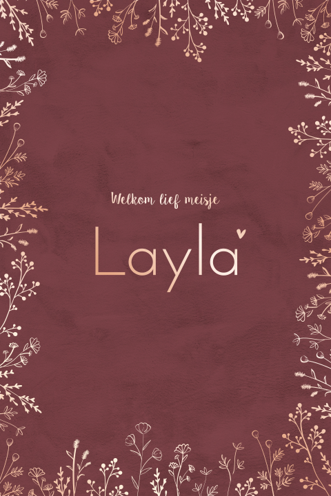 Roségoudfolie geboortekaartje met kader van takjes