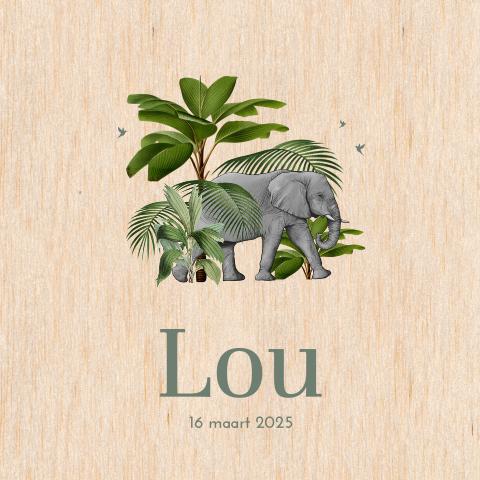 Echt houten geboortekaart voor dochter met olifant en bladeren