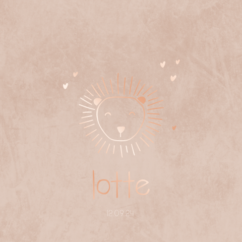 Stoer geboortekaartje met rosegoudfolie leeuw, hartjes en velvet-look