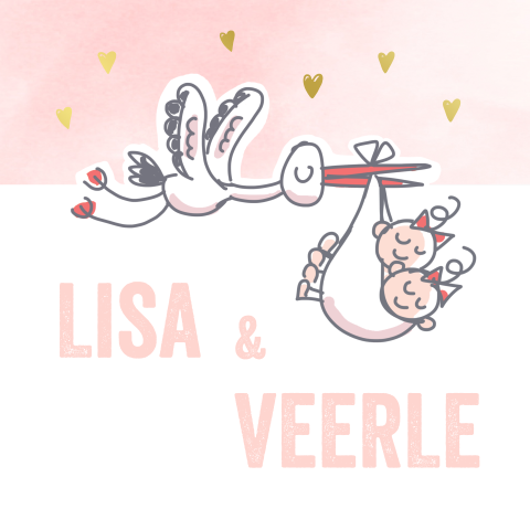 Goudfolie geboortekaartje voor tweeling meisjes met tekening ooievaar
