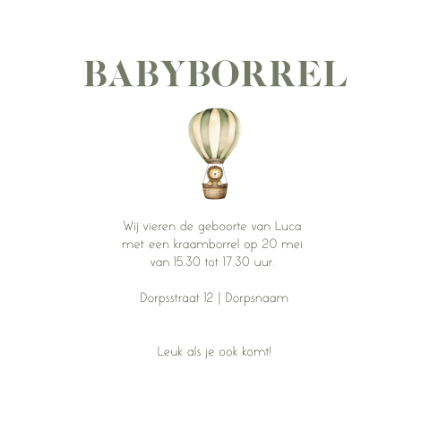 Kalkpapier kraamborrel uitnodiging met luchtballon