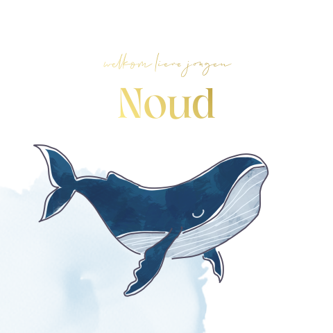 Watercolour geboortekaartje met goudfolie en walvis