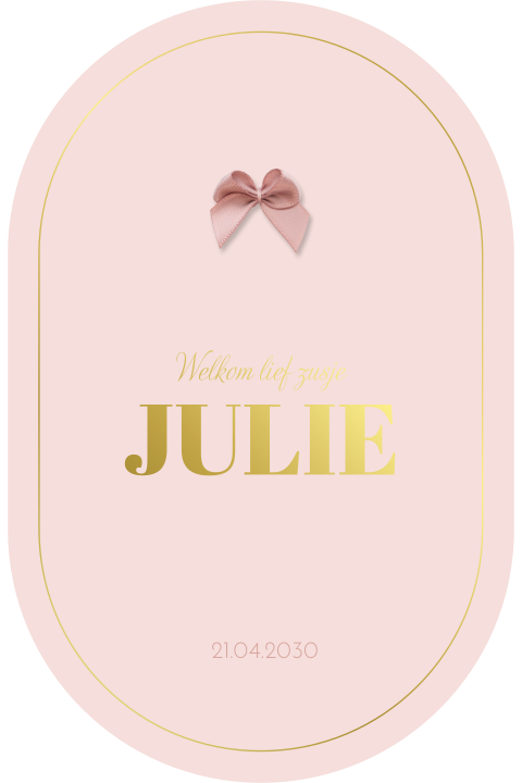 Ovaal geboortekaartje meisje met goudfolie en optioneel écht strikje