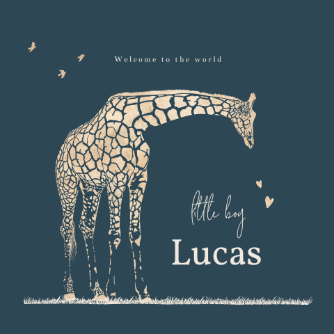 Geboortekaartje met goudlook giraffe en hartjes